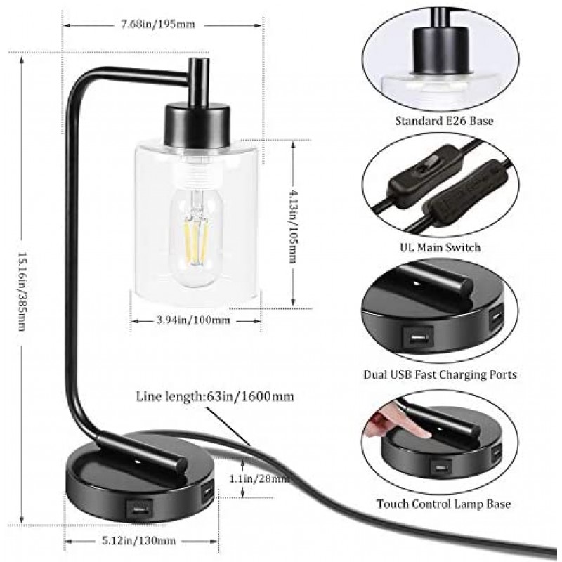 Innqoo Touch Control Table Lamp, 3 Way Dimmable Industrial Table Lamp with USB Charging Ports, Modern Nightstand Lamp, Metal Bedside Lamp for Living Room, Bedroom, Dorm (T45 Vintage Bulb Included)